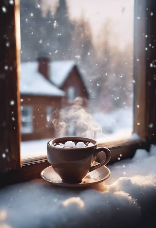 Una taza humeante de chocolate caliente con malvaviscos esponjosos descansando en el alféizar de una ventana, con vistas a un patio trasero nevado.