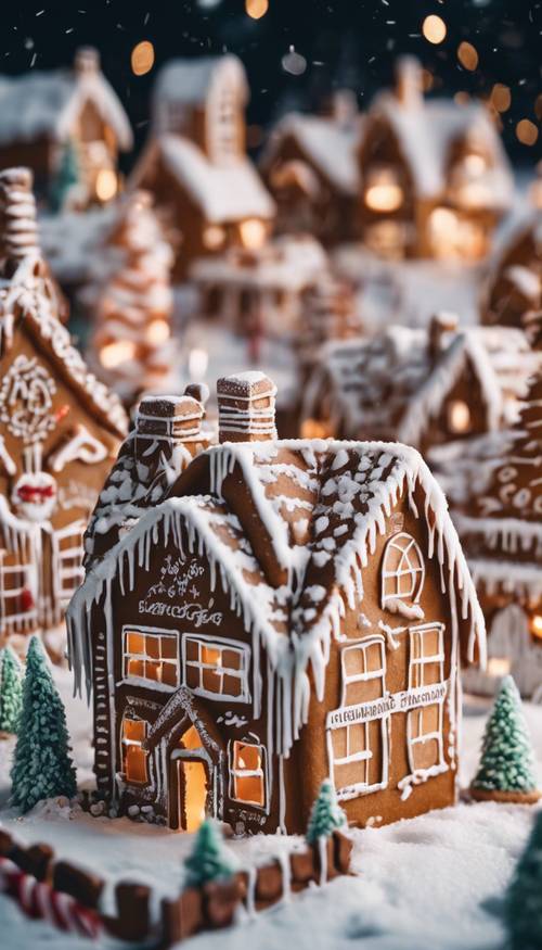 A gingerbread city, complete with a cozy house, trees, and candy cane street signs, covered in fluffy icing snow.