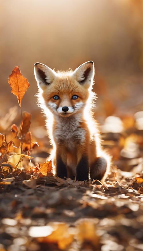 Um adorável filhote de raposa brincando com o rabo sob o brilho do sol de outono.