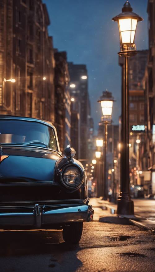 밤의 현대적인 도시 거리에는 빛나는 가로등 아래 길가에 주차된 빈티지 자동차가 있습니다.
