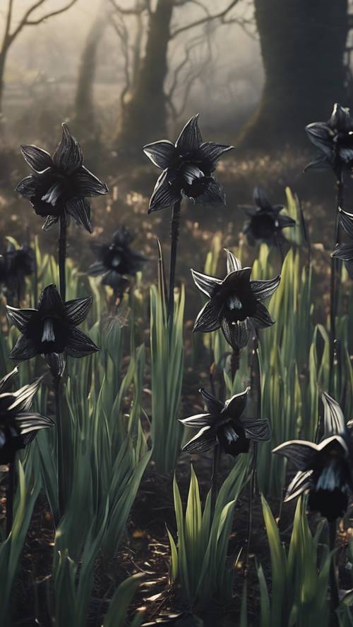 A surreal image of enchanted black daffodils spreading across a mythical landscape.
