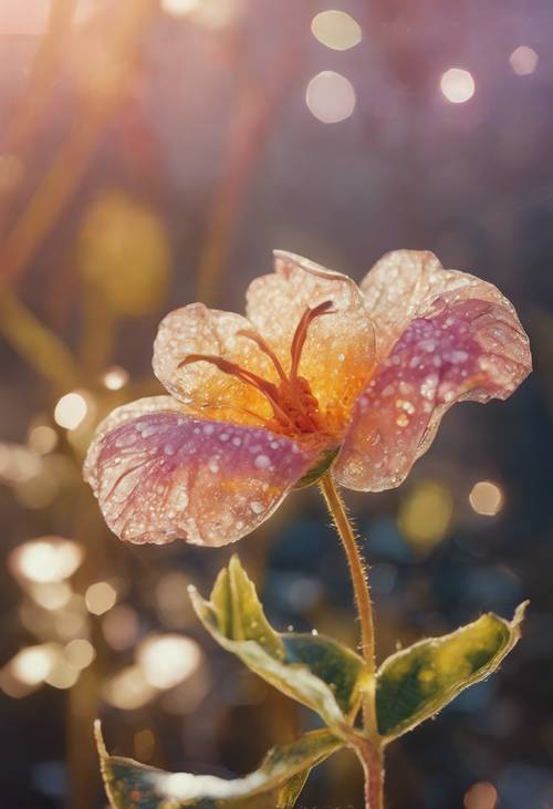 這是一幅異想天開的畫作，畫中一朵嬌豔的花朵沐浴在溫暖、神奇的光線下。