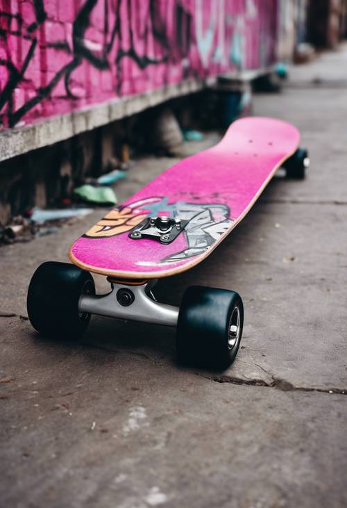 Un&#39;immagine in stile grunge di uno skateboard in legno rosa carico di graffiti, che percorre un vicolo urbano.