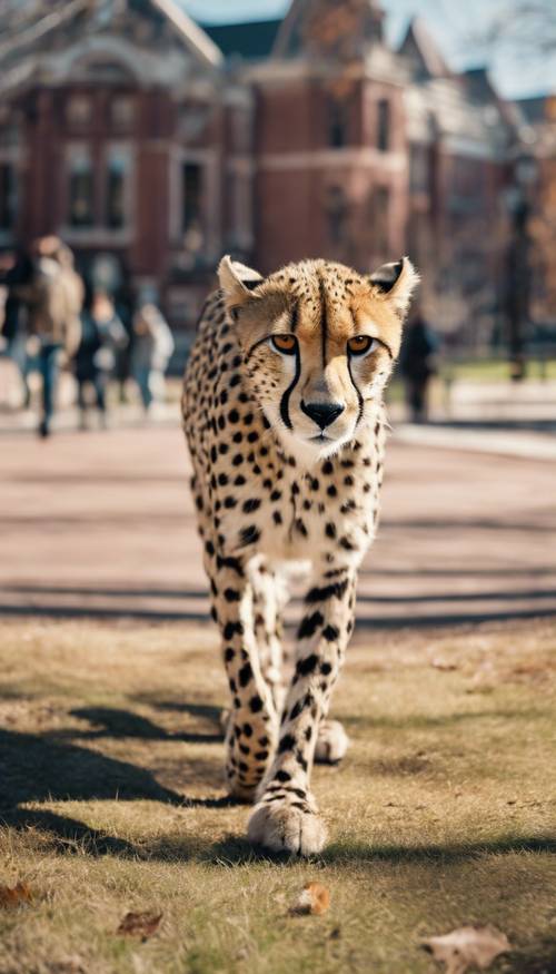 A stylish cheetah taking a stroll on a sunny day on Harvard campus Kertas dinding [5544650bc81546408319]