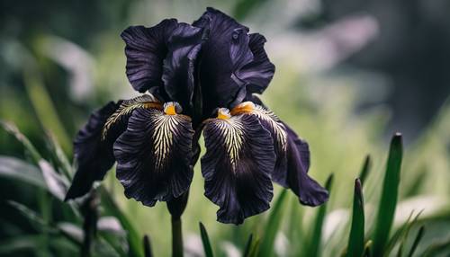 Macro photograph of a black iris with its intricate patterns and lush green backdrop.