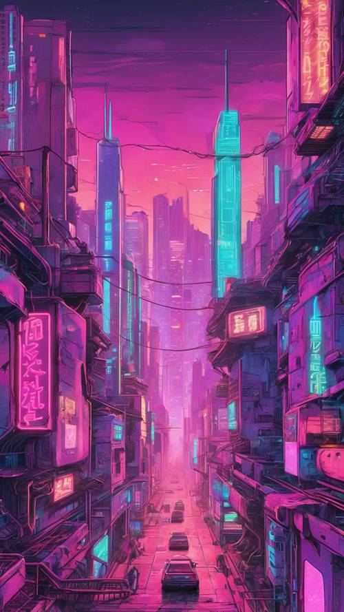Oświetlony neonami cyberpunkowy pejzaż miejski w delikatnych pastelowych odcieniach.