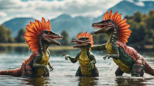 Two Dilophosaurus playfully splashing each other by the lakeside with their vivid crest standing out.