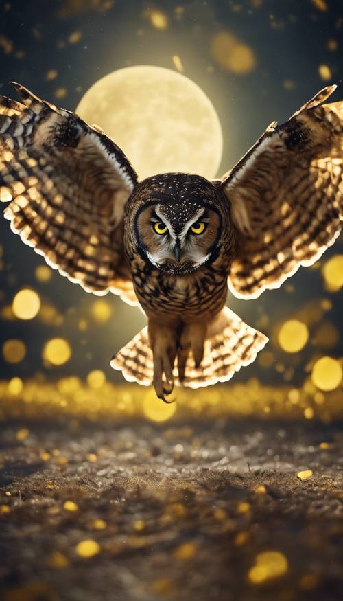 Illustration of a brown owl hovering in the yellow moonlight. Tapet [c76038b5bf5c40e79e0f]