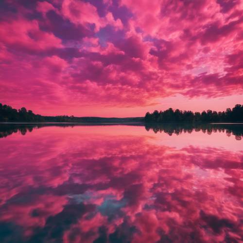 Un lac cristallin reflétant un ciel illuminé par une aura de coucher de soleil rose vif.