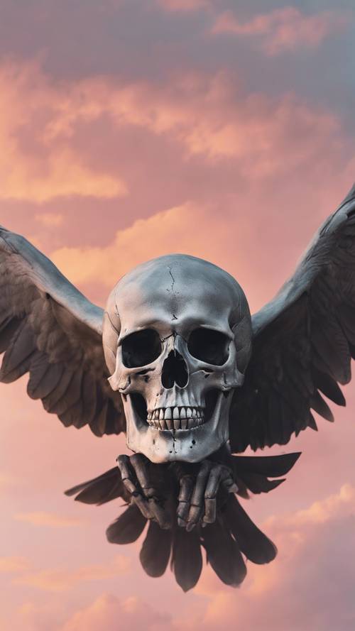 A winged gray skull soaring freely against a pastel sunset sky.