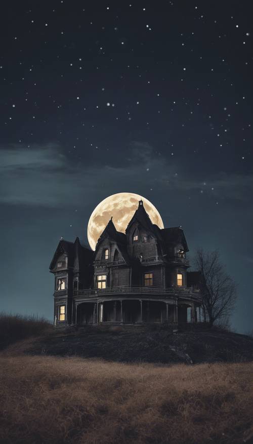 A haunted house on a hill, with a full moon in the starless sky on a dark Halloween night.
