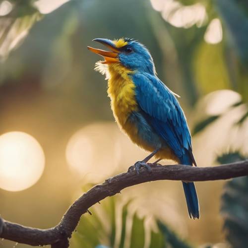 Seekor burung tropis kecil berwarna biru dan kuning bernyanyi saat fajar menyingsing