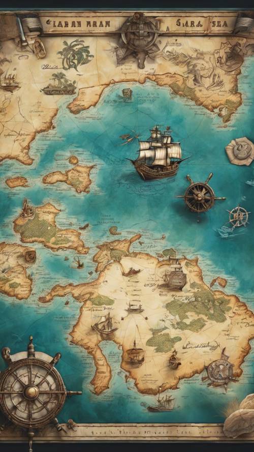 Peta bajak laut Laut Karibia dengan pulau-pulau, bangunan terkenal, dan banyak harta karun.