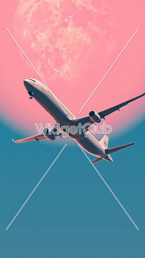 ピンク色の空で飛ぶ飛行機