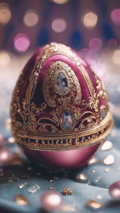 Detailed close-up of a crystal Faberge-style Easter egg on a velvet cushion.