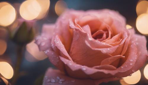 Una rosa antigua y vibrante capturada en el crepúsculo bajo suaves luces de hadas.