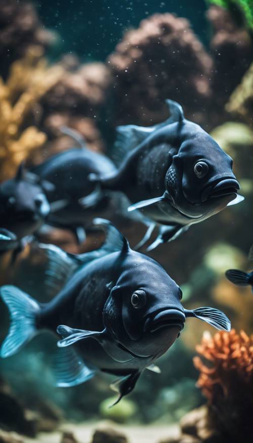 ปลาสีดำขี้สงสัยหลายตัวรวมตัวกันในตู้ปลาสว่างสดใสที่พิพิธภัณฑ์สัตว์น้ำ