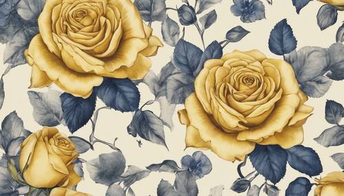 Một thiết kế giấy dán tường cổ điển có hoa hồng vàng và hoa tím xanh.
