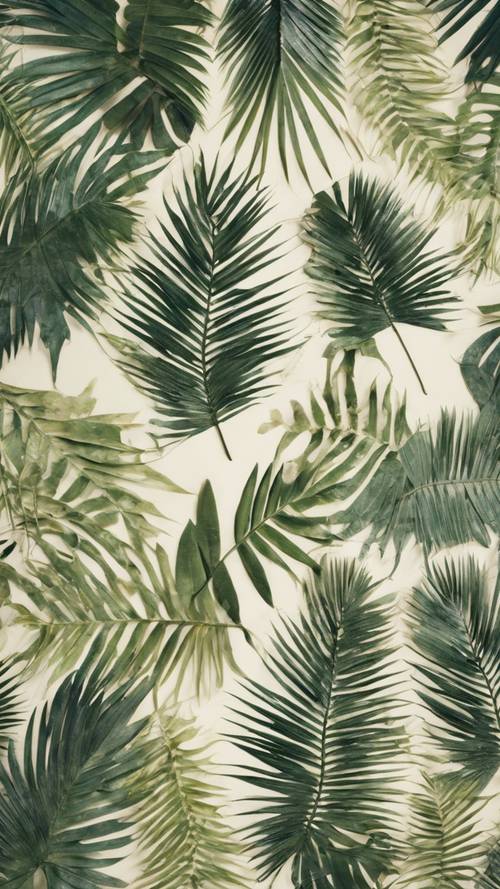 An array of pressed palm leaves in a botanical herbarium.