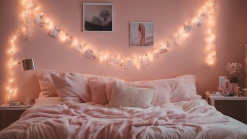 Um quarto Y2K em tons pastéis com uma cama de solteiro adornada com travesseiros macios e luzes brilhantes.