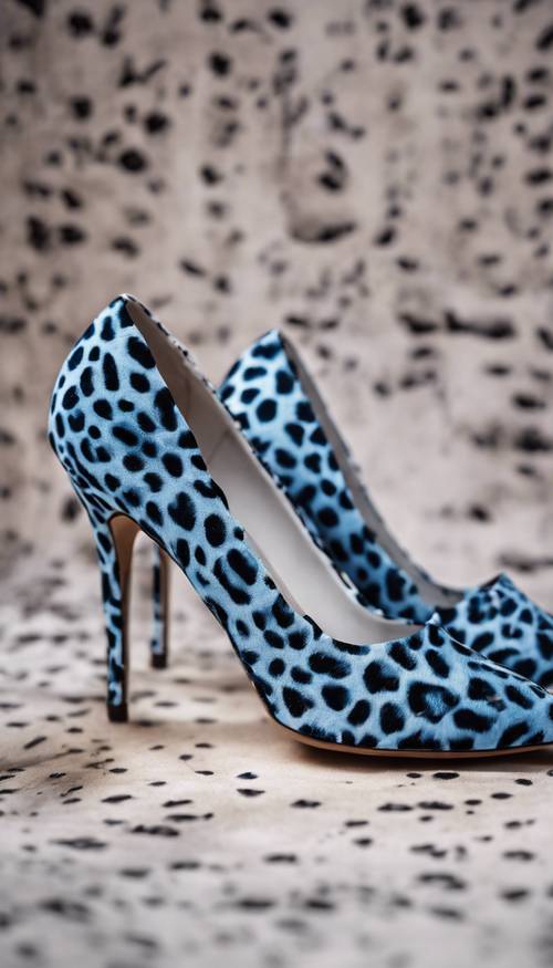 Ein Paar stylische Schuhe aus blauem Material mit Gepardenmuster.