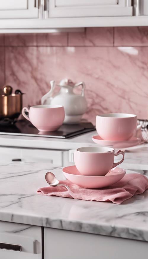 A modern kitchen interior decorated in a chic pink and white theme, with a set of matching teacup on a marble countertop.