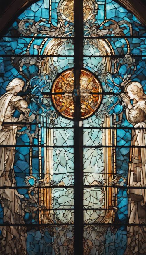 Jendela kaca patri yang indah di kapel, menampilkan pola geometris dalam warna biru cerah.