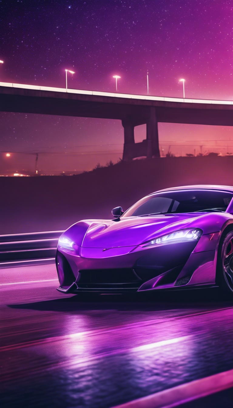 A neon purple sports car speeding on a freeway under the starry night sky.壁紙[95060549708c4acb8f47]