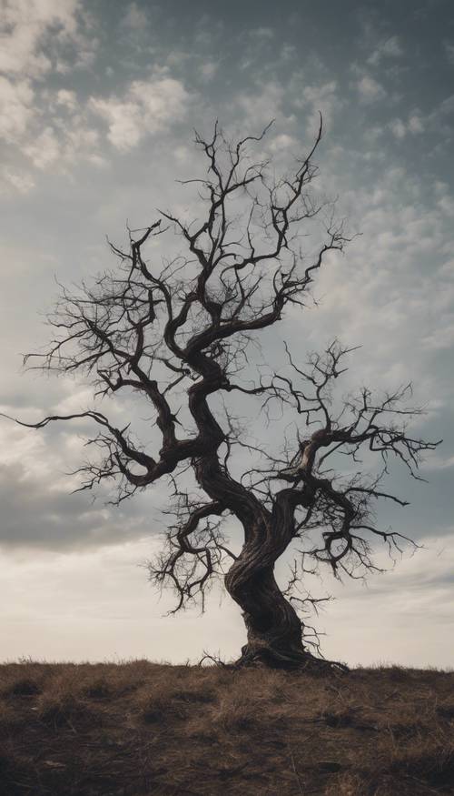 A gnarled, sinister-looking tree, stripped of its leaves, standing alone in an empty field under a starless sky. Behang [fbaba1cd90764bc7ac8b]