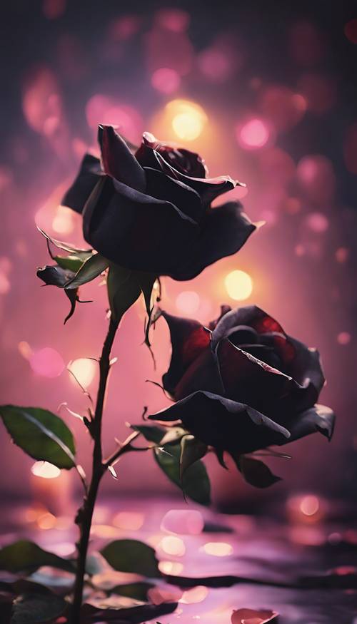 Картина маслом, изображающая одинокую темную розу, лепестки которой сияют в мягком свете свечей.