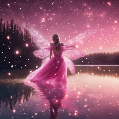 一位歡快的粉紅色仙女，在閃爍的星星下滑過寧靜的湖面，留下一道發光的星塵軌跡。