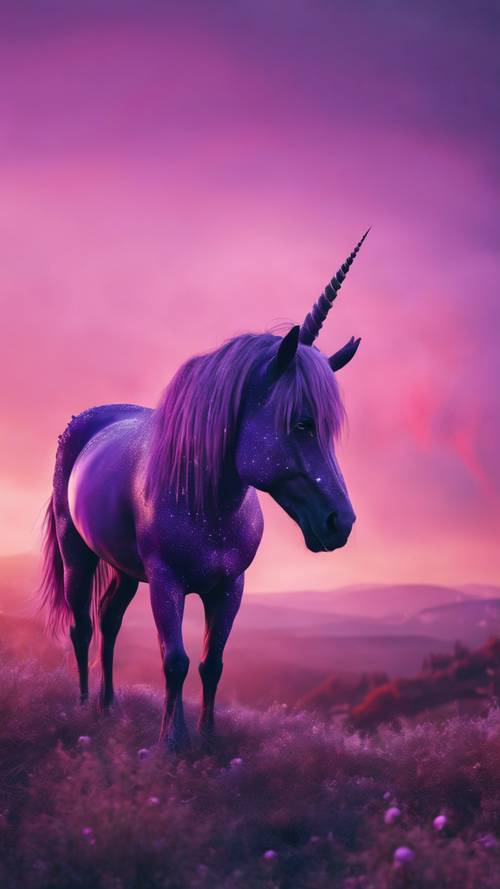 Un maestoso unicorno viola in piedi in un paesaggio surreale al crepuscolo.