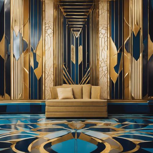 An art deco interior filled with bold geometric wall designs in shades of radiant gold and deep sea blue. Tapeta [9d768199b0fd4bdebd97]