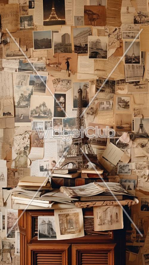 Collage vintage di Parigi con la Torre Eiffel e vecchi libri