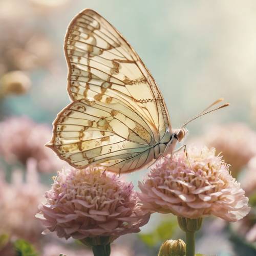 Ein bezaubernder cremefarbener Schmetterling mit komplizierten Mustern auf seinen zarten Flügeln, der sanft auf einer blühenden Blume in einem lebendigen Garten thront.