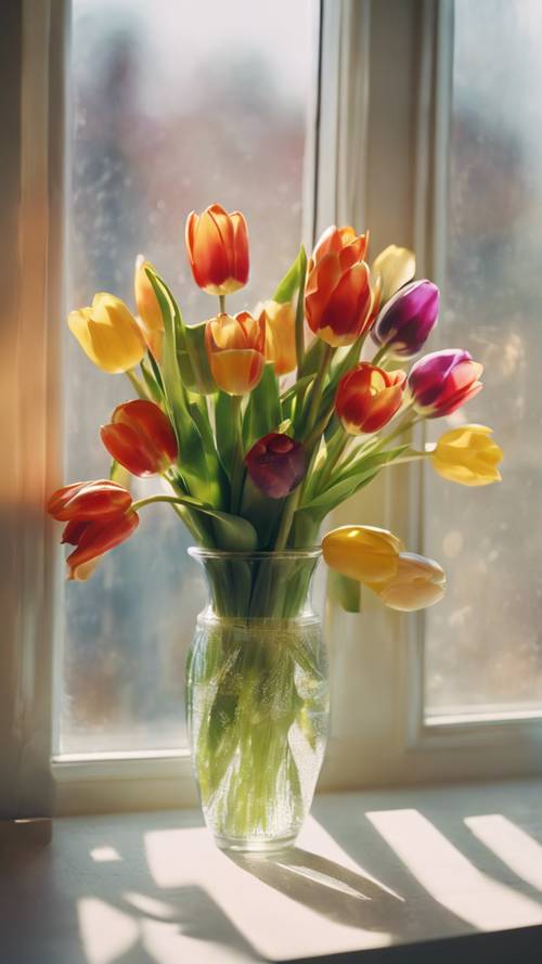 Buket bunga tulip warna-warni yang disusun dalam vas kaca, diletakkan di ambang jendela, sinar matahari pagi menyinari lembut dari belakang.