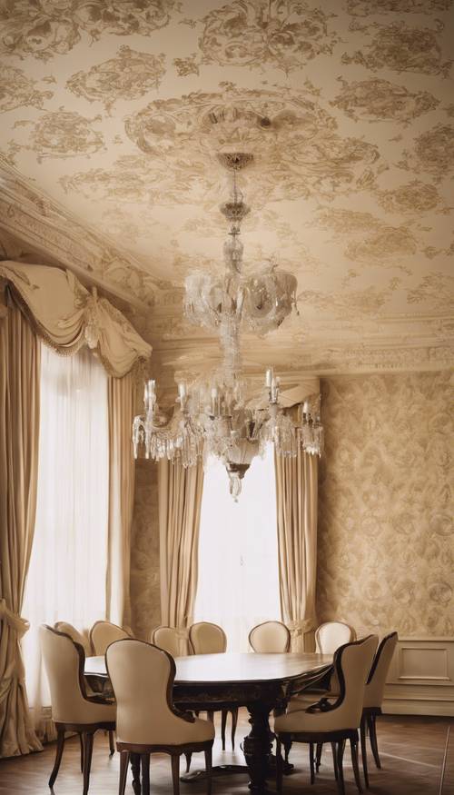 Wallpaper damask berwarna krem ​​​​di ruang makan bergaya Victoria dengan lampu gantung.