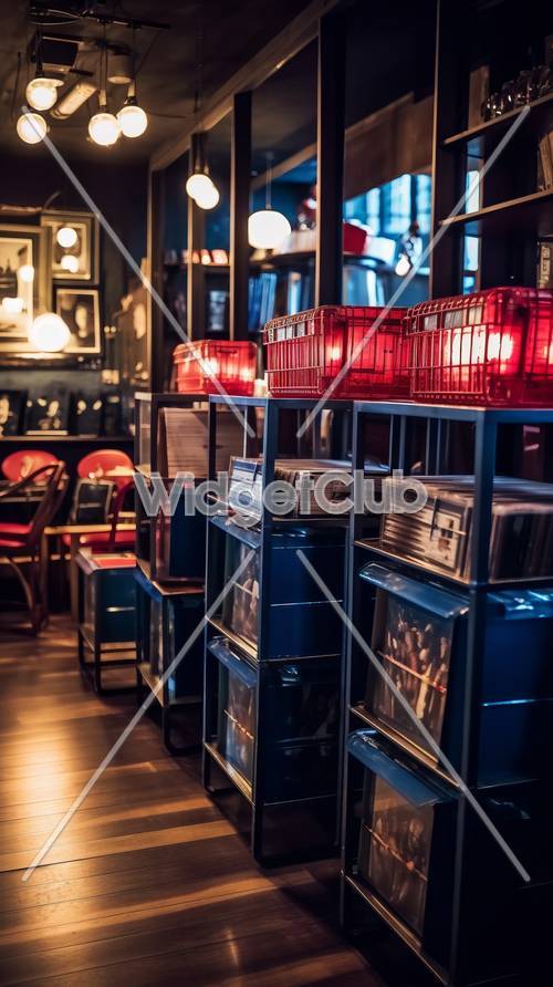 Lagerung von roten und blauen Vinyl-Schallplatten in einem stimmungsvollen Musikcafé