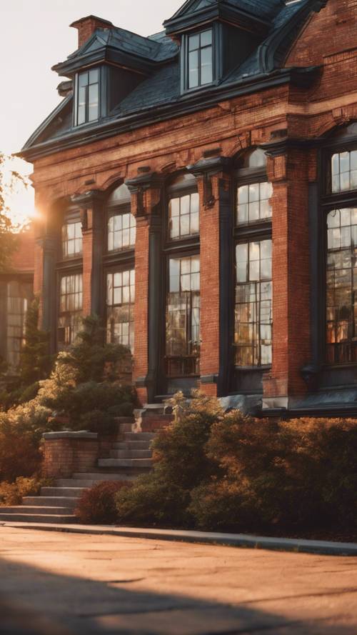 A large brick mansion with glowing windows at sunset. Tapet [d78beff055424fb5bddf]