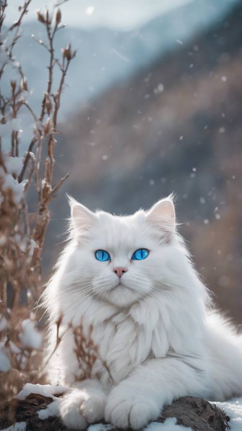 A majestic white Siberian cat with ice blue eyes sitting in a snowy landscape during daytime.