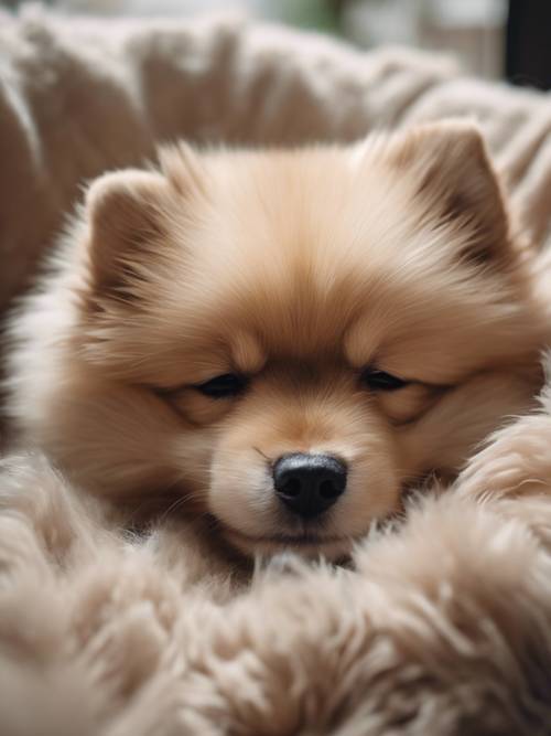 Un cachorro de Pomerania dormido acurrucado dentro del pelaje mullido de su madre, ubicado en un rincón cálido y acogedor.