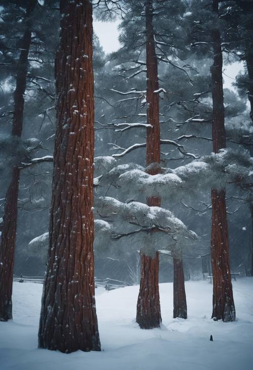 Uralte, schneebedeckte Kiefern stehen still in einer kalten Winternacht in der Nähe eines versteckten Schreingartens