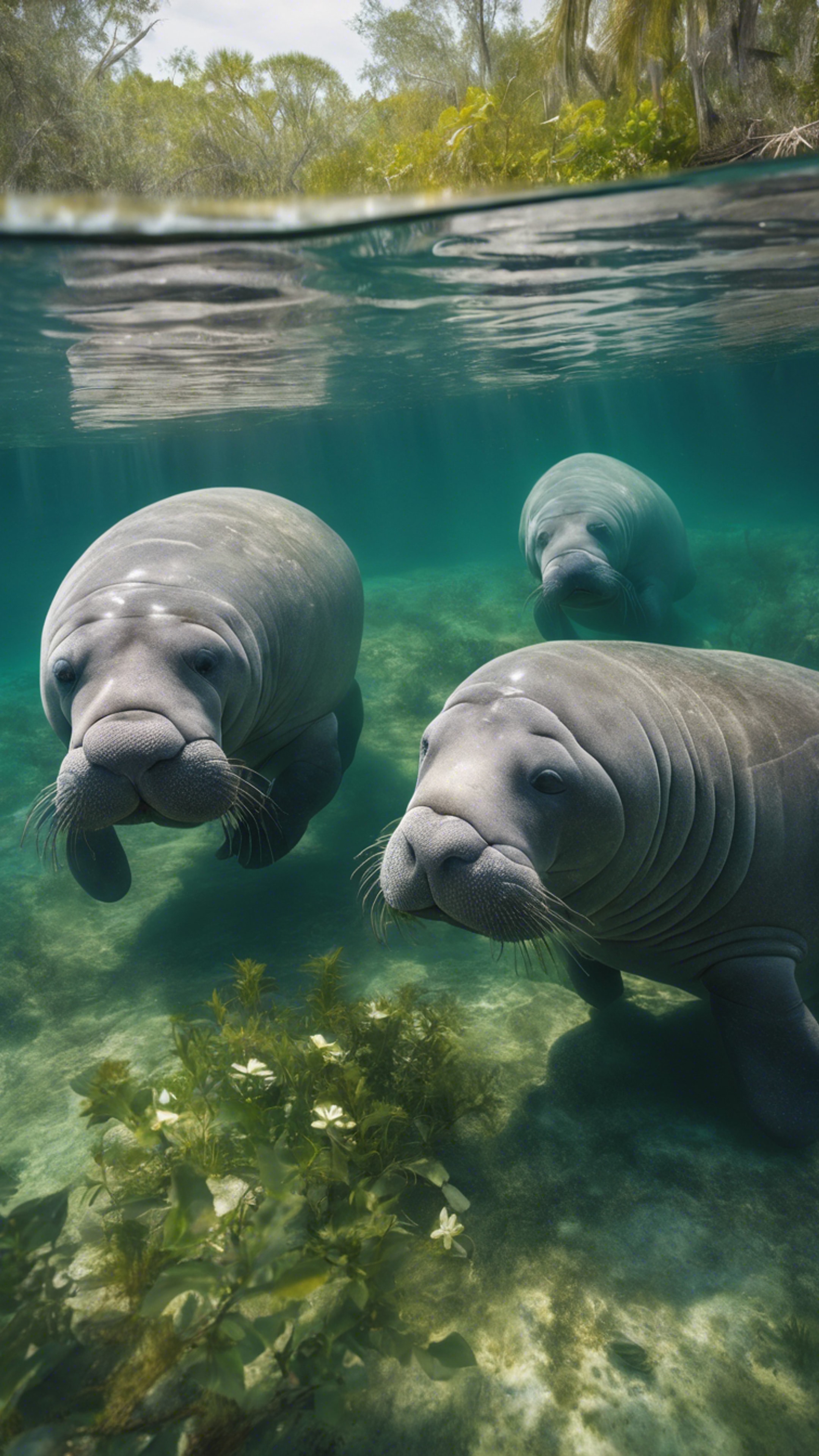 A group of manatees gathering in a crystal clear spring in Northern Florida, with light filtering through the water. Wallpaper[11e0c5c39072420c89d2]