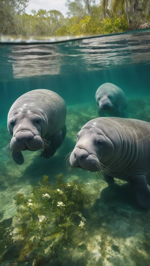 A group of manatees gathering in a crystal clear spring in Northern Florida, with light filtering through the water.