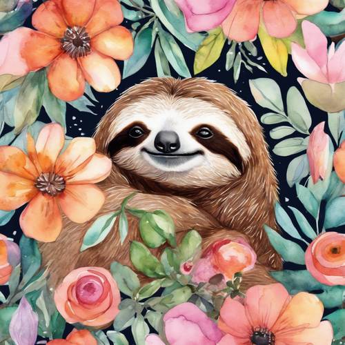 A dreamy watercolor painting of a sloth peacefully sleeping amidst vibrant flowers.