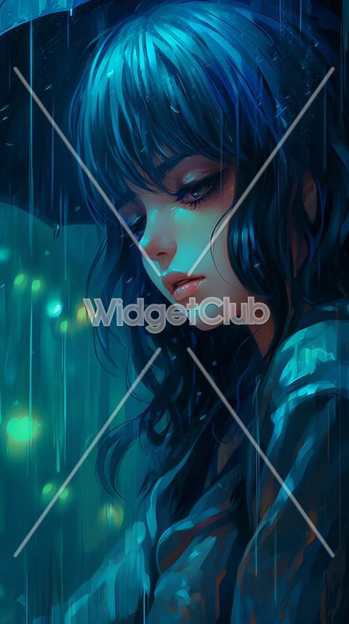 雨の中の神秘的な青い少女