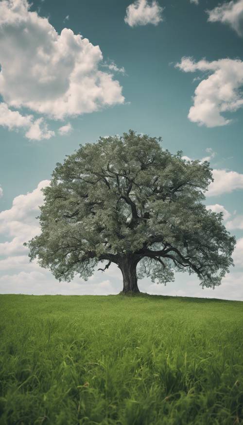 Un chêne argenté solitaire se dressant au milieu d’un champ verdoyant avec un ciel clair en toile de fond.