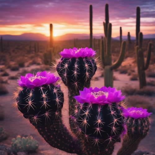 Un cactus noir symétrique en fleur avec des fleurs violettes éclatantes sur fond de coucher de soleil.