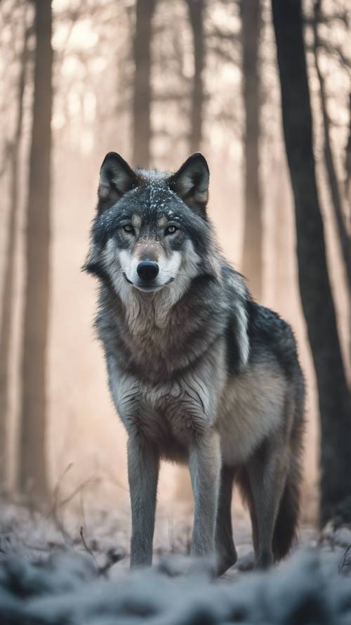 Un misterioso lupo grigio che vaga attraverso una foresta nebbiosa all&#39;alba.