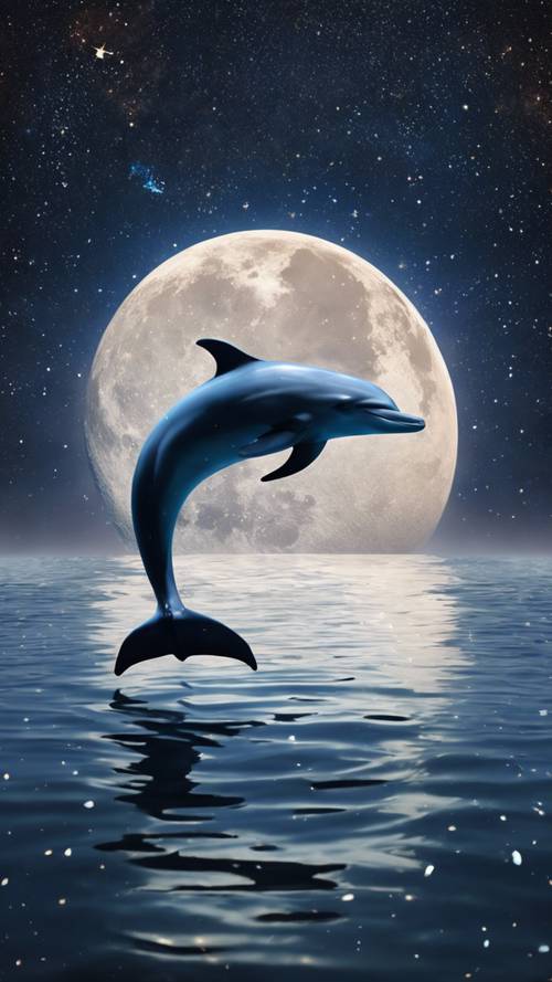 A sleepy dolphin resting near the surface under a night sky strewn with stars, the moon casting a celestial glow on its skin.